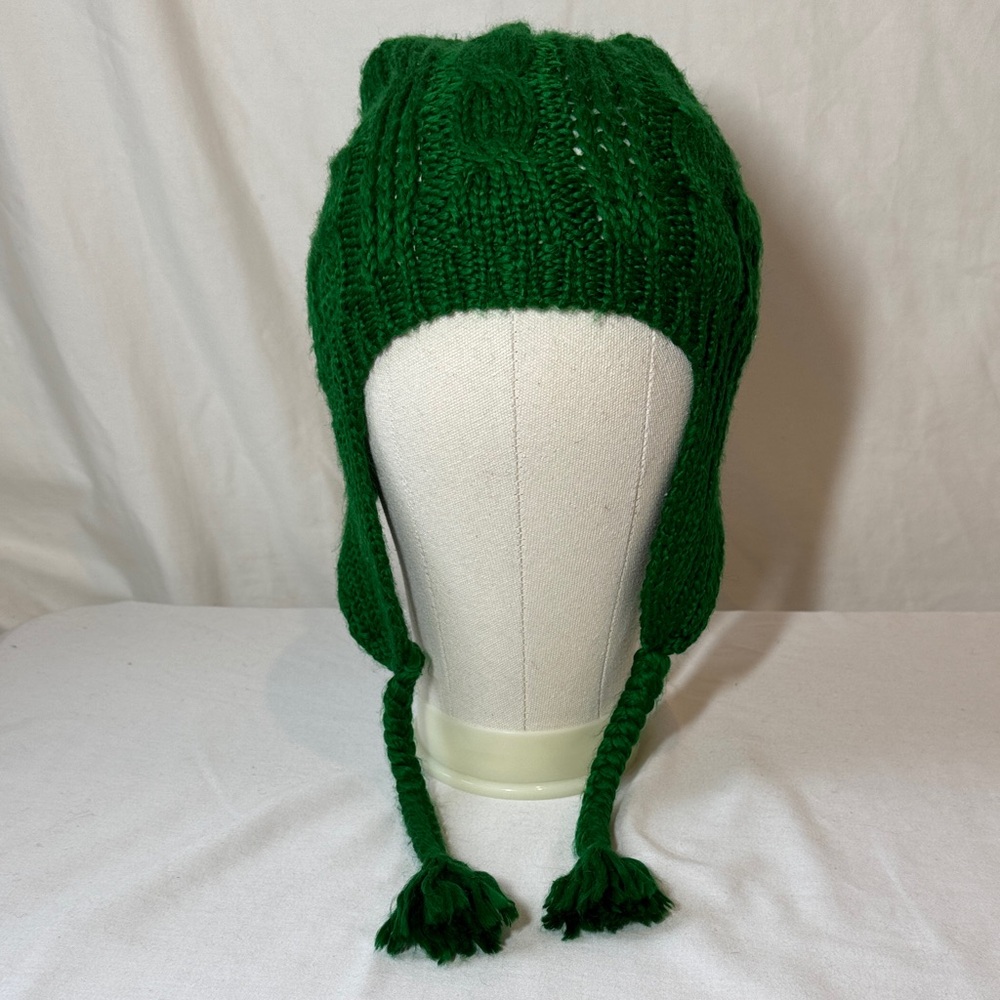 Gap Green Knit Hat with Braided Earflaps and pompom. OS.